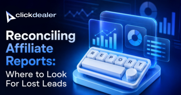 ClickDealer branded 3D illustration of a keyboard with "REPORT" keys next to holographic charts, pie graphs, and data bars representing affiliate report reconciliation