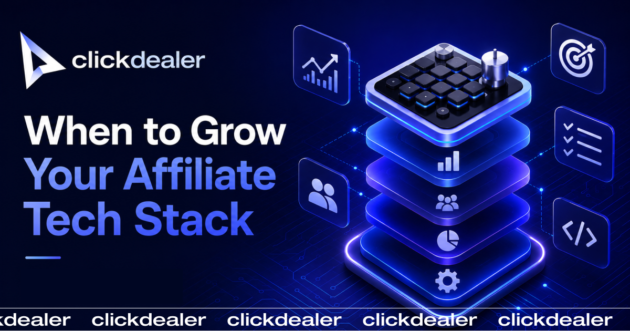 ClickDealer branded 3D illustration of a stacked layered tower with icons for growth, team, analytics, and code, representing a scalable affiliate tech stack