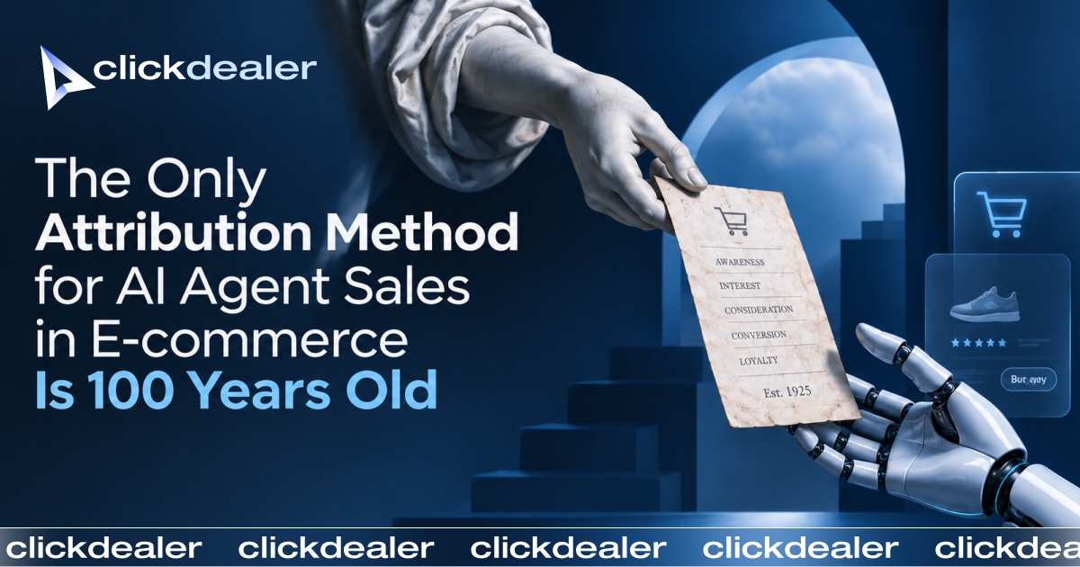 ClickDealer creative featuring a human hand passing an old-fashioned sales funnel card to a robotic hand, symbolizing the connection between traditional attribution and AI-driven e-commerce. Text reads: “The Only Attribution Method for AI Agent Sales in E-Commerce Is 100 Years Old.”