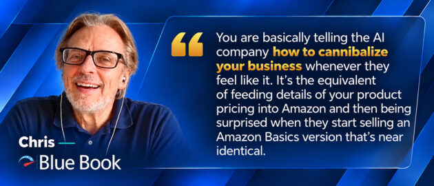 You are basically telling the AI company how to cannibalize your business whenever they feel like it. It's the equivalent of feeding details of your product pricing into Amazon and then being surprised when they start selling an Amazon Basics version that's near identical.